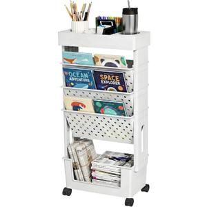 5-Tier Mobile Bookshelf, Rolling Bookcase Book Storage Rack, Movable File Folder Organizer Cart with Wheels for Home Study Office Living Room Classroom, White