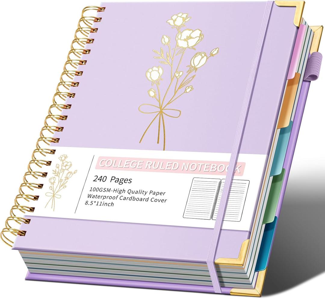 Hardcover Spiral Notebooks 8.5" X 11" Note Taking 5 Subject Notebook College Ruled with Dividers 240 Pages 100GSM Aesthetic Spiral Notebook for Work School Cute Journals for Women Writing (Purple)