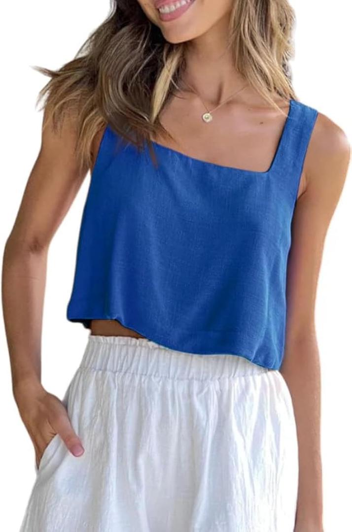 Allimy Women's Summer Thick Shoulder Straps Crop Tops Square Neckline Tank Tops (Blue)