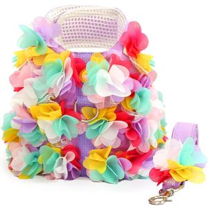 Cute Small Dog Harness and Leash Set Purple Lace Floral Girl Puppy Harness for Small Dogs Cats Soft Mesh Dog Vest Harness Escape Proof Pet Cat Harness Outfits, M
