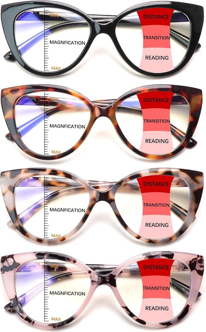 Progressive Multifocus Reading Glasses for Women Blue Light Blocking Spring Hinge Computer Multifocal Cat Eye Readers, 3.0 x