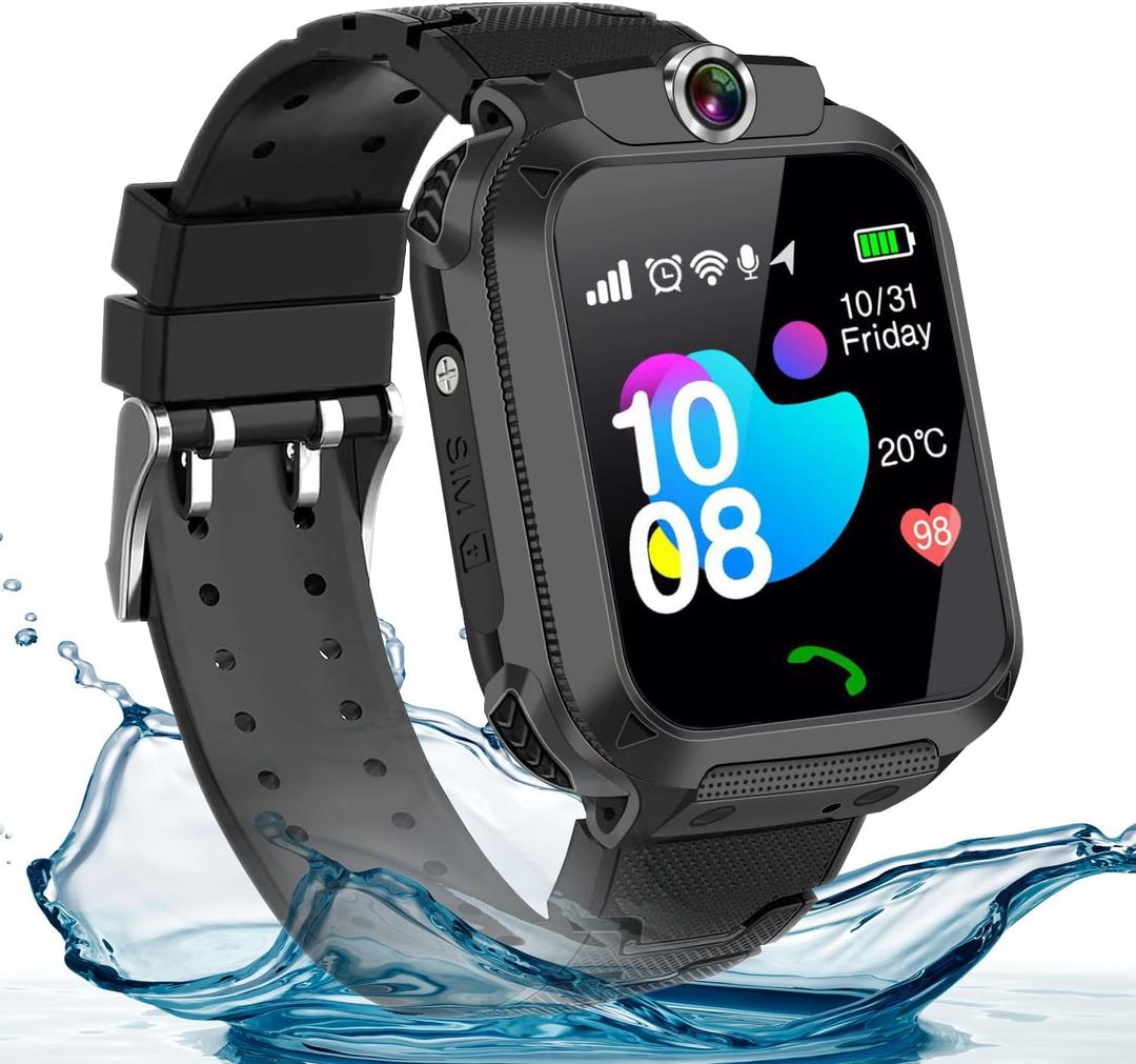 Kids Waterproof Smart Watch, SIM card for Making and Receiving Calls, with Puzzle Games, Touch Screen, HD camera, Music Player, GPS Position, Suitable for Children aged 3-12, Best Gift for Kids (Black)