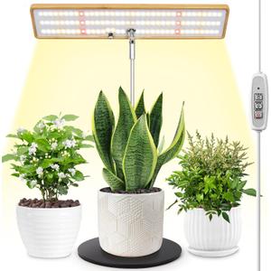 LORDEM Grow Lights for Indoor Plants, Bamboo Full Spectrum Plant Lights for Indoor Growing, Height Adjustable Desk Top Growing Lamp with Auto On/Off Timer 4H/8H/12H & 4 Dimmable Brightness, 1 Pack (1 pack, Desk Grow Light in Bamboo)