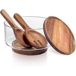 Large Glass Salad Bowls, Salad Bowl Set for Party with Acacia Wood Base and Lid and Salad Serving Utensils, Elegant and Practical Salad Bowls for Kitchen Essentials