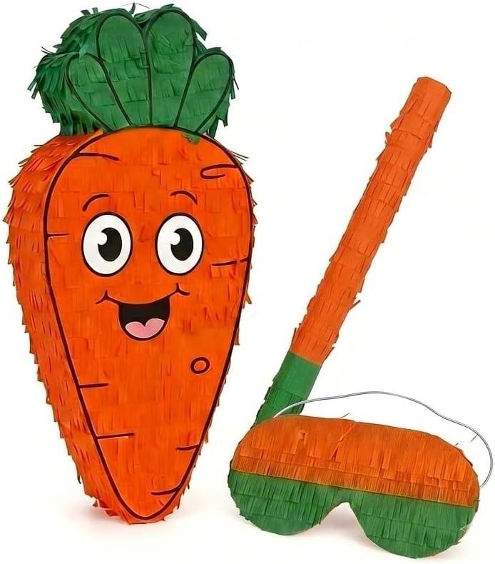 Forenee Carrot Piata - Pinata Set with Blindfold and Stick | Cute Orange Vegetable Pinata for Easter Theme Party | Garden Birthday Decorations | Kids Party Supplies