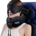 Travel Pillow, Neck Pillow Airplane with 3D Eye Mask & Seat Strap for Long Flight Sleep Road Trip, Dual-Density Supportive Foam, 360Support Head, Neck & Chin Travel Essentials Black & Grey