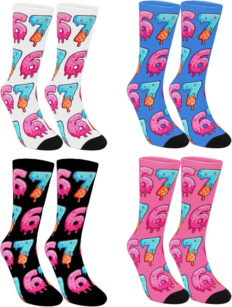 Whaline 4 Pairs Meme 6 7 Socks Ice Cream Socks White Black Blue Pink Sock for Holiday Party Gift Supplies (M)