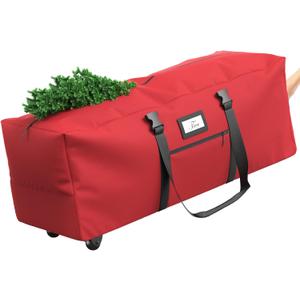 Winpull Rolling Christmas Tree Storage Bag for 9 ft Artificial Tree, 600D Waterproof Oxford Fabric, Large Christmas Tree Bag with Dual Zipper, Wheels, Handles, Heavy Duty Xmas Storage Container - Red
