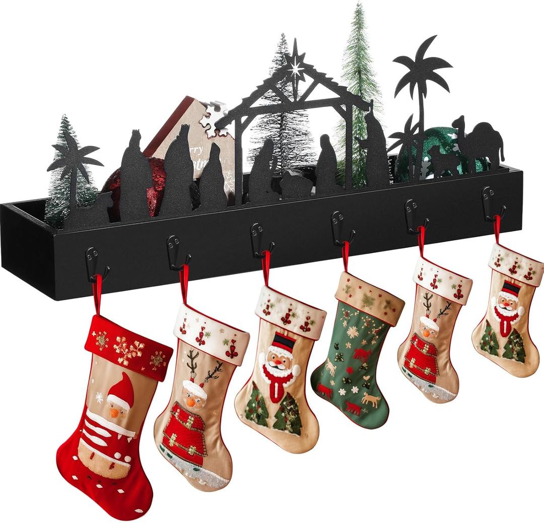 Christmas Nativity Wooden Box with Stocking Hanger Christmas Stocking Holder for Mantel Nativity Multipurpose Table Centre piece Box with 6 Hooks Wooden Table Centre piece for Xmas Entryway