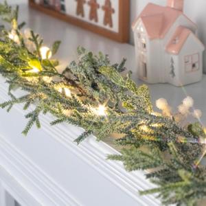 6FT Snowy Christmas Garland with Lights, Pre-Lit Garland with 20 Warm White LED, Pine Cones White Berries & Ornaments, Battery Operated or USB Plug-in, Winter Greenery for Indoor/Outdoor Decor