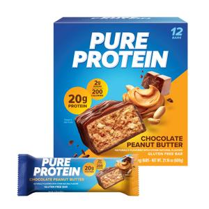 Pure Protein Chocolate Peanut Butter Protein Bars 20g Protein, 3g Sugar, 190 Calories (12 count) Low Sugar* High Protein Snack - Gluten Free - Perfect for a Healthy Snack (EXP 05/06/27)
