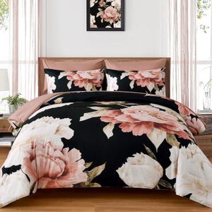 Dobuyly California King Comforter Set 7 Piece Bed in a Bag, Pink Floral Printed on Black Comforter Set with Sheets, Soft Microfiber Botanical Cal King Bedding Set for All Season