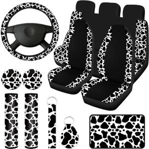 Frienda 13 Pcs Mixed Cow Print Car Seat Cover Full Set for Women Men Print Car Accessories Rubber Steering Wheel Armrest Pad Cover Seat Belt Pads Wrist Holder Keychain, White and Black (Classic Style)