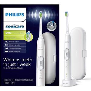 PHILIPS Sonicare ProtectiveClean 6100 Rechargeable Electric Toothbrush, with Pressure Sensor, 3 Cleaning Modes, SmarTimer and QuadPacer, 14-Day Battery Life, Travel Case, White, Model HX6877/21