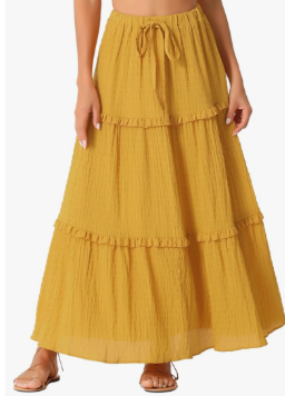 Women's Maxi Skirt Summer Boho Flowy Ruffle Swing Skirts A-Line Beach Tiered Long Skirt, Size L, Yellow