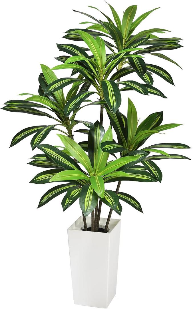 5FT Artificial Dracaena Tree, Faux Floor Plant with Tall White Planter, Indoor & Outdoor Potted Fake Tree for Living Room Office Home Decor, Housewarming Gift