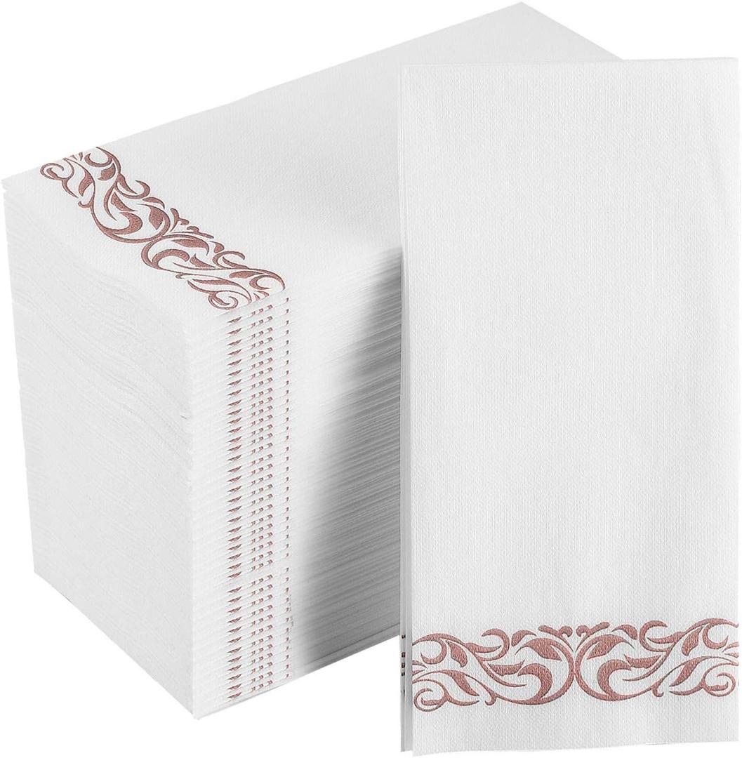 FOCUSLINE 200 Linen Feel Disposable Bathroom Napkins, Soft and Absorbent Paper Guest Towels, Cloth-Like Paper Hand Towels Decorative Napkins for Parties,Weddings,Dinners or Events,Rose Gold, 12" x 17"