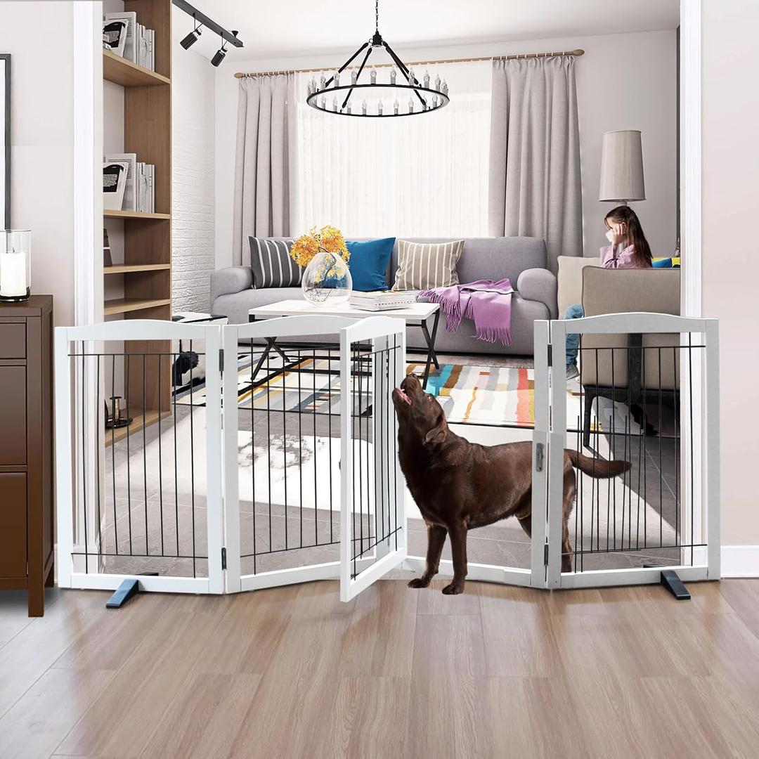 Foldable Freestanding Dog gate with Door Indoor, Wooden White Pet Gate for Doorway, Stairs, House, or Room, Dog Fence with Support Feet Included, 32" Height, 4 Panels