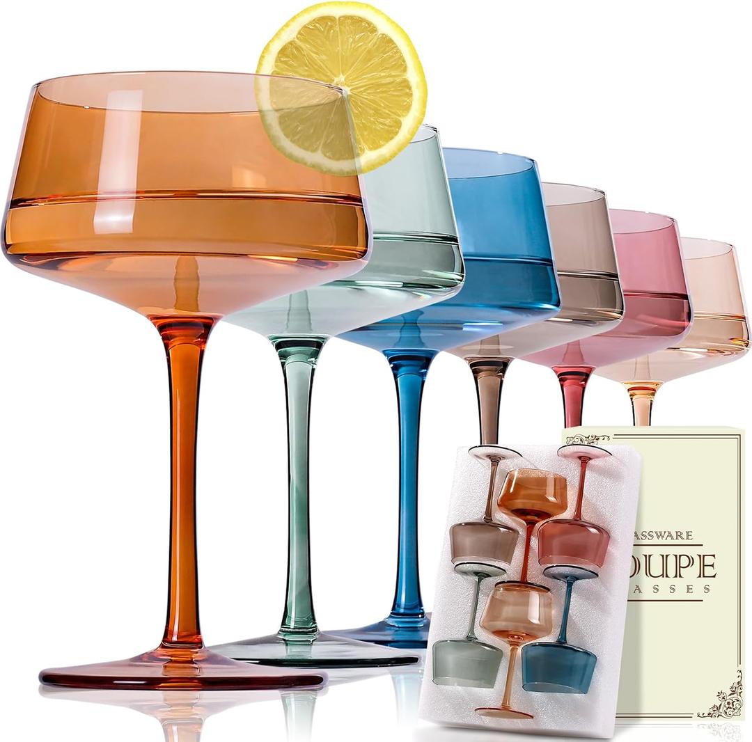 JOVGANK Colored Coupe Glasses Set of 6, Hand Blown Colorful Martini Glasses 13Oz, Champagne & Cocktail Luxury Glasses, Bar Manhattan and New Year Glass, Mother's Day Gift for Ice Cream Dessert Classic-Multicolor