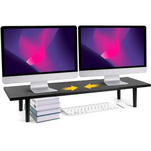 Dual-Monitor-Stand-Riser-For-Desk Adjustable Length 32-40 InchLarge Desktop Computer Monitor Riser For 2 ScreensDesk Shelf Organizer Riser Stand For Computer/Laptop/PC/Printer/TV Black
