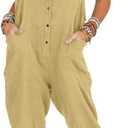 Yeokou Womens Overalls Linen Cotton Jumpsuits Loose Casual Jumpers with Pockets (M)