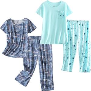 PNAEONG 2 Pack Women's Cotton Pajama Sets Short Sleeve Sleepwear Tops with Capri Pants Summer Loungewear Pj Sets S-3XL PNAEONG 2 Pack Women's Cotton Pajama Sets Short Sleeve Sleepwear Tops with Capri Pants Summer Loungewear Pj Sets S-3XL