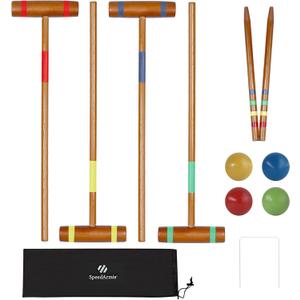 SpeedArmis 24In Croquet Set for 4 Players - Pine Wooden Mallets, Colored PE Ball, Wickets, End Stakes, Lawn Backyard Outdoor Game for Family (Portable Carry Bag Including)