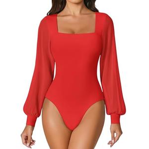 Avidlove Sexy Body Suits Women Mesh Square Neck Puff Long Sleeve Bodysuit Shapewear Concert Outfits Size M