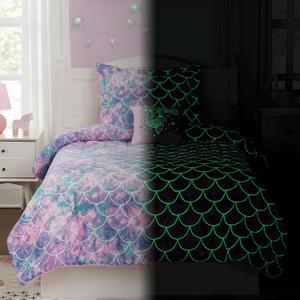 Kids Comforter Set Twin Size for Girls, Glow in The Dark Mermaid Bedding Set 1 Comforter, 1 Decor Pillow, 1 Pillow Shams