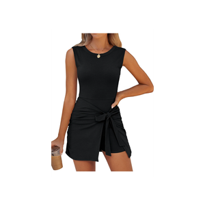 Caracilia Women Summer Sleeveless Bodycon Tie Cinched Waist Romper Skort Mini Dress Built in Shorts Night Out Vacation Dress, XS