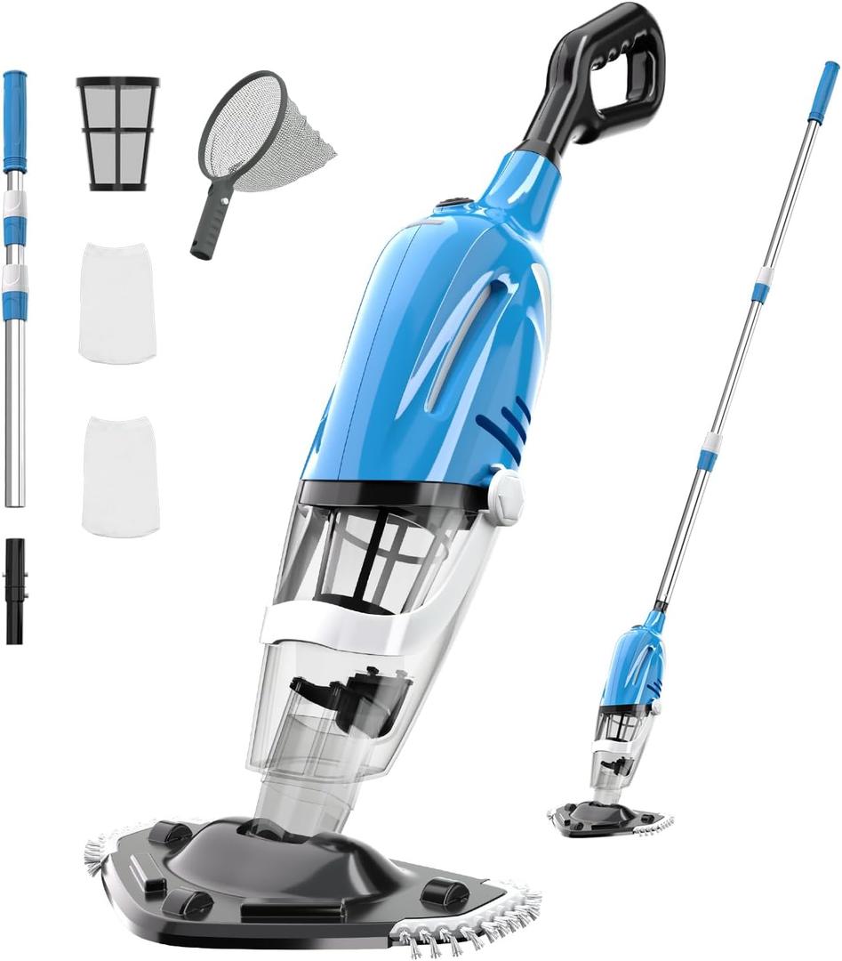 Cordless Handheld Pool Vacuum, Pool Vacuum for Above Ground Pool with Telescopic Pole, Rechargeable Pool Cleaner 18.5 Gal/Min Suction, 80 Min Runtime, Dual-Filter Cleaning System (2025 Upgraded)