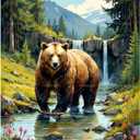 Brown Bear Paint by Numbers Kit for Adults - DIY Grizzly Bear by Waterfall in Forest Painting on Canvas, Acrylic Paint Set, Suitable for Beginners, Art for Home Decoration or Gifts(12X16IN Framed)