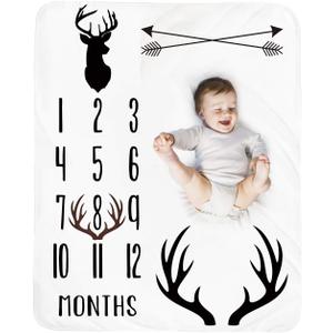 Baby Monthly Milestone Blanket Boy - Deer Newborn Month Blanket Neutral Personalized Shower Gift Woodland Nursery Decor Photography Background Prop with Frame Large 51''x40''