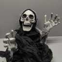 77.5" Halloween Decorations Outdoor - Moving Life-Size Skeleton Witch with Glowing Eyes & Chain, Sound-Actived Halloween Party Decoration with Creepy Sound (Black)