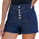 luvamia Jean Shorts Womens High Waisted Trendy Button Fly Patch Pocket Side Split Casual Summer Stretchy Denim Shorts (Blue)