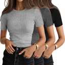 Ficerd 3 Pack Women's Ribbed T-Shirts, Cotton Short Sleeve Basic Tees Crewneck Fitted Tops Casual Shirts 2026 Summer Trendy (M)