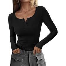 Womens Long Sleeve Henley Shirts for Women Button Ribbed Knit Shirt V Neck Tops Fit Slim Casual Basic Blouses (Black,M)