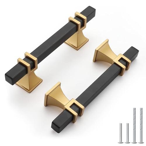 Haliwu 10 Pack Black and Gold Cabinet Pulls, 3 inch Kitchen Cabinet Handles, Square Dresser Drawer Hardware