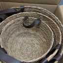 GIB Round Wicker Woven Seagrass Storage Baskets with Leather Handles Set of 3, Natural Decorative Braided Rope Wicker Baskets Bins for Shelves Blankets Organizing, 13", 12" & 11"