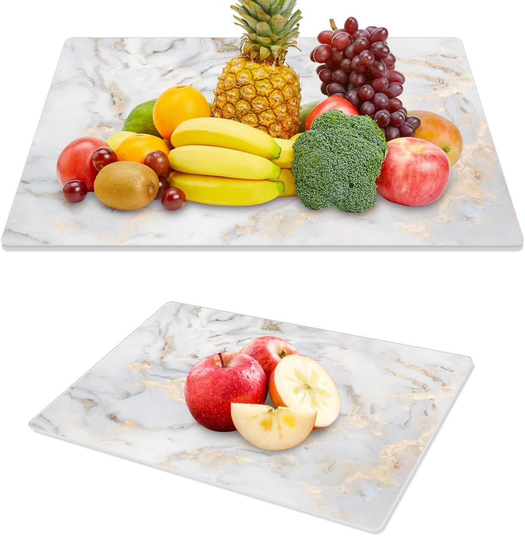 JAMBALAY Tempered Glass Cutting Boards for Kitchen, Gold 12"x8" & 16"x12" Glass Cutting Board Set with Marble Design, With Non Slip Foot, Shatter and Heat Resistant, Dishwasher Safe