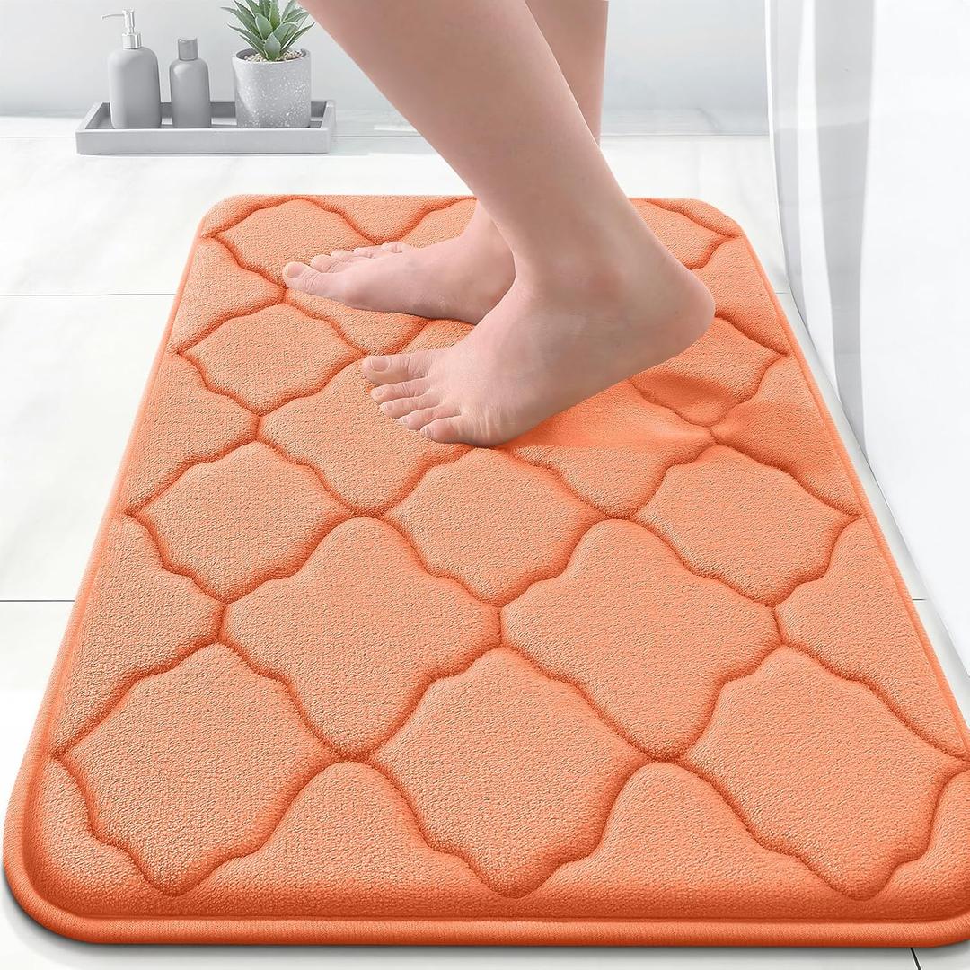 OLANLY Memory Foam Bath Mat Rug 24x16, Ultra Soft and Absorbent Bathroom Rugs, Non-Slip, Comfortable, Machine Washable Bath Carpet for Bathroom Floor, Tub, Shower and Home Decor Accessories, Peach