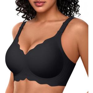 OEAK Women Bras No Underwire Scalloped Push Up Buttery Soft Tshirt Bra Seamless Full Coverage Convertible Everyday Bra (Large, 02 Black)