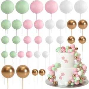 ASTARON Ball Cake Topper, 32 Pcs Foam & Wire Decorations, Mini Balloons Cake Topper Sticks, 4 Colors & Sizes for Wedding Party Birthday Cake Decorating (Pinkgreen)