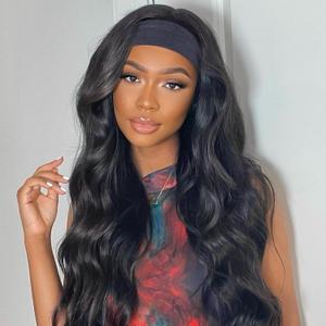 Body Wave Headband Wig Human Hair for Black Women Headband Wigs Glueless Wear and Go Non Lace Wig Brazilian Virgin Hair New Upgraded Breathable Sweat Wicking Headband 180% Density Headband Wig(28in)