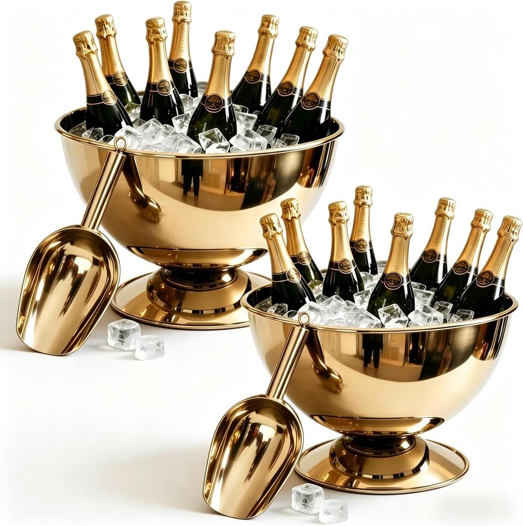 12L Large Stainless Steel Champagne Ice Bucket with Ice Scoop, Mirror Polished Punch Bowl with Detachable Stable Base, Holds Up to 10 Bottles for Parties, Weddings, Banquets and Restaurants