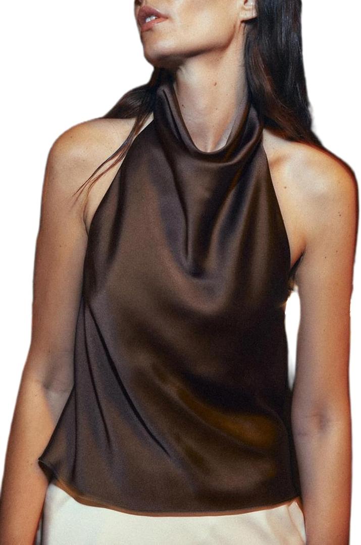 Women Halter Backless Tank Tops Cute High Mock Neck Cami Sexy Open Back Camisole Silk Satin Going Out Tops (Large, Brown)