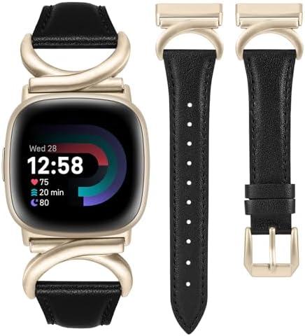 Minyee Leather Bands Compatible with Fitbit Versa 4/Versa 3/Fitbit Sense 2/Sense Band Women, Slim Thin Dressy Designer Premium Leather Strap with C-Shape Metal Buckle for Versa 3 4 Sense 2 Smartwatch