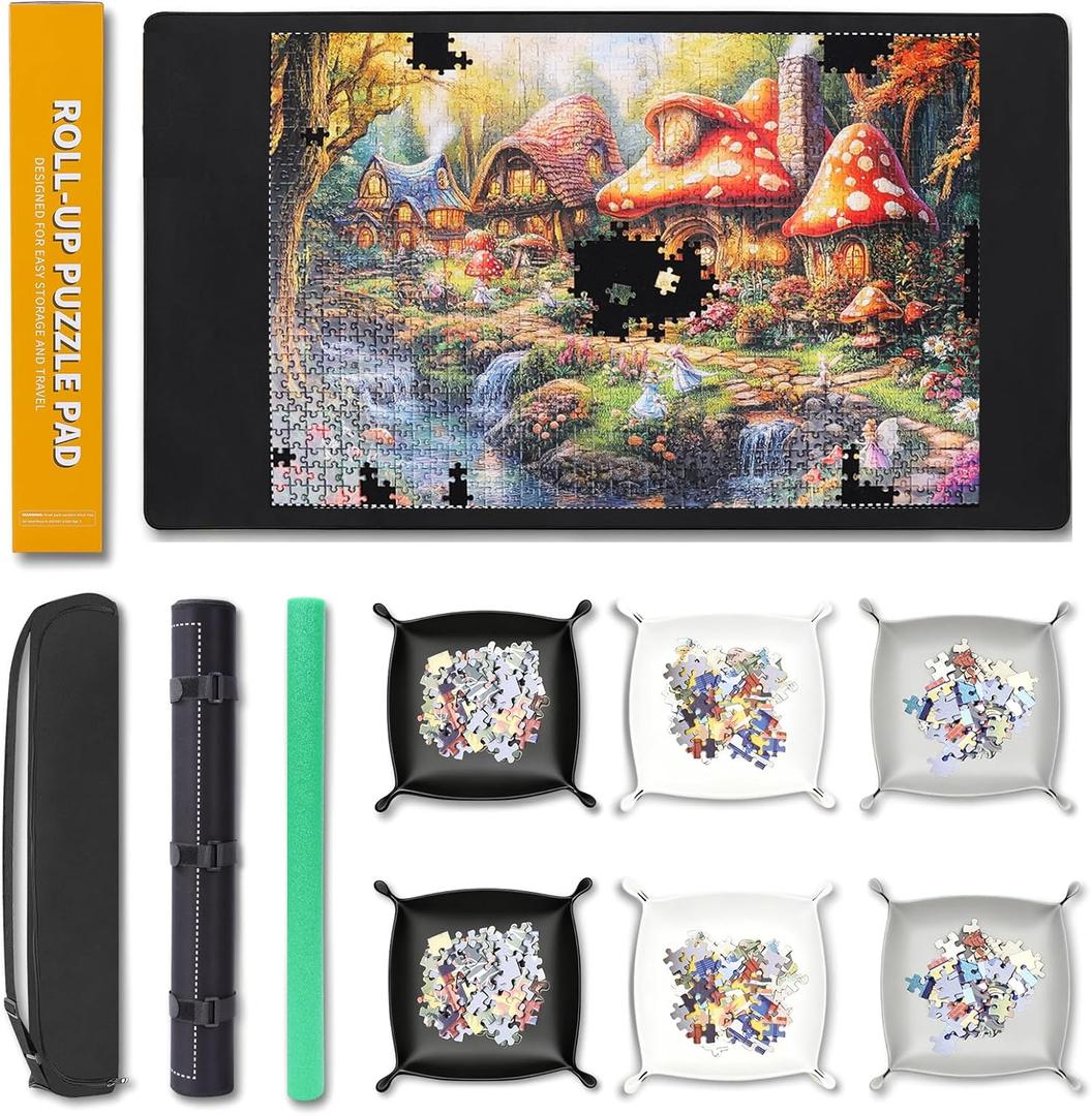 Lwoeo Jigsaw Puzzle Mat Roll Up 1000 Pieces, Smooth Top Saver Pad 34.6" x 22.8" with 6 Sorting Trays & Travel Storage Bag for Sorting Table, Board, Portable Puzzles Matt Rollup Non-Slip Rubber Bottom (Black)