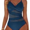 Women's Sexy Mesh Tummy Control Swimsuits V Neck Push Up One Piece Bathing Suits Slimming Swimwear (Blue, M)