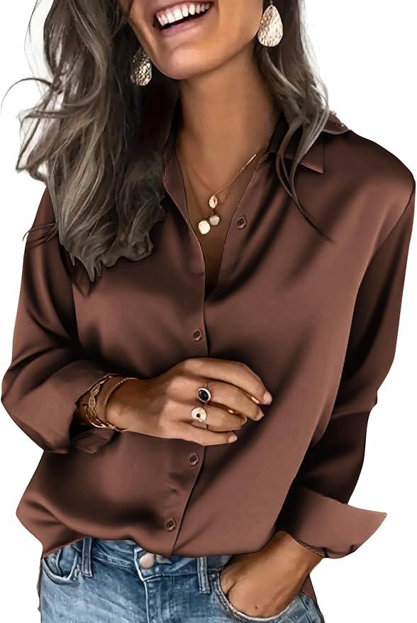 Satin Blouses for Women Silk Button Down Shirts Long Sleeve Business Casual Tops, Small